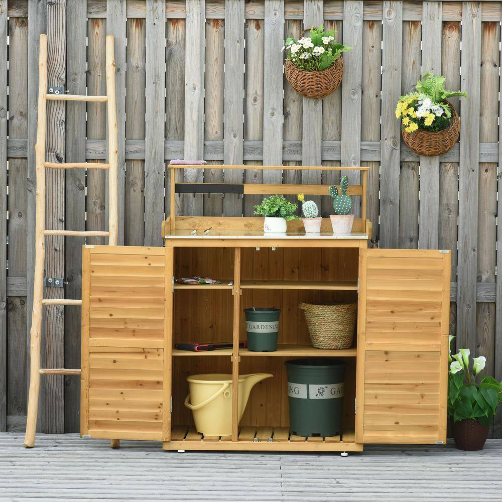 Garden Potting Bench Table Wooden Workstation Shed with Tabletop, Hooks, 3-Tier Shelves Cabinet