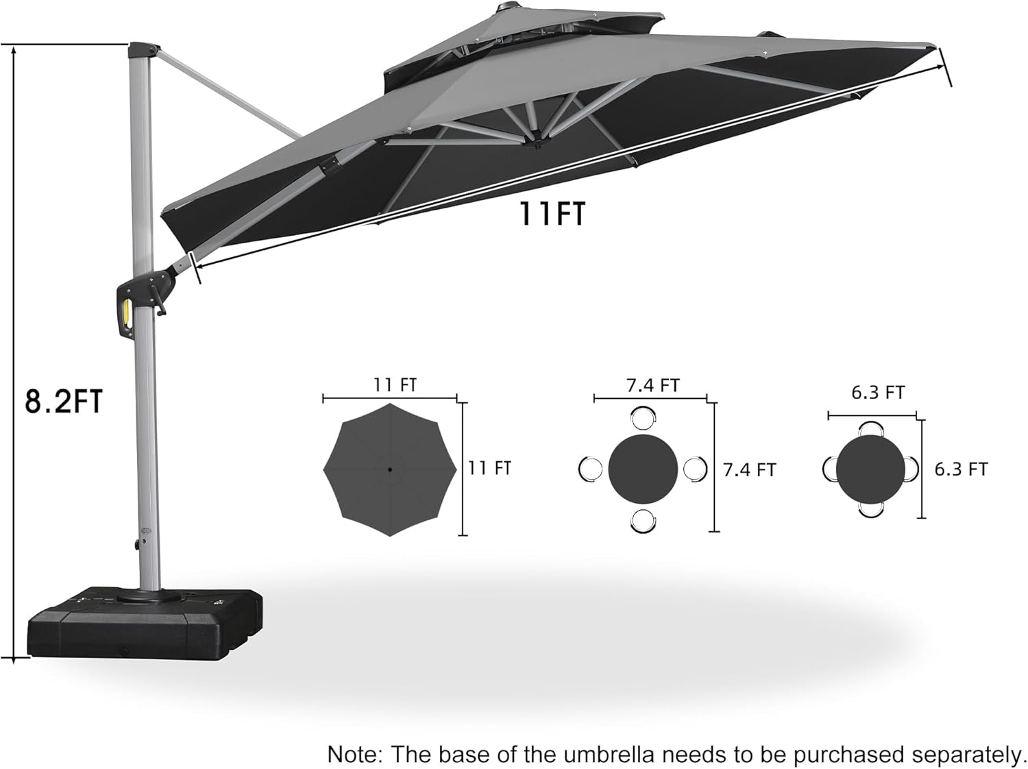 11 Feet Patio Umbrella Outdoor round Umbrella Large Cantilever Umbrella Windproof Offset Heavy Duty Sun for Garden Deck Pool Patio, Grey
