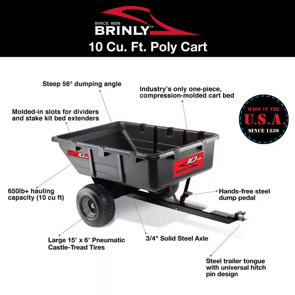 650Lbs. 10Cu.Ft. Tow-Behind Lawn Mower Trailer Dump Cart W/ Compression-Molded Poly Bed for Lawn Tractors and ZTR Mowers