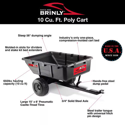 650Lbs. 10Cu.Ft. Tow-Behind Lawn Mower Trailer Dump Cart W/ Compression-Molded Poly Bed for Lawn Tractors and ZTR Mowers