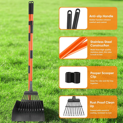 Pooper Scooper, Detachable Long Handle Dog Pooper Scoopers with Heavy Duty Metal Rake and Tray, Durable Pooper Scooper for Large Dogs, Great for Lawn, Grass, Dirt, Gravel, Yard