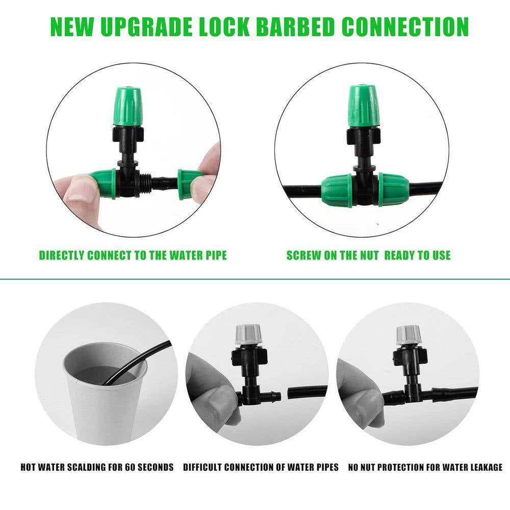Automatic Misting Cooling System Adjustable Barbed Drip Irrigation Kit with 1/4 Inch Tubing for Patio Greenhouse Garden