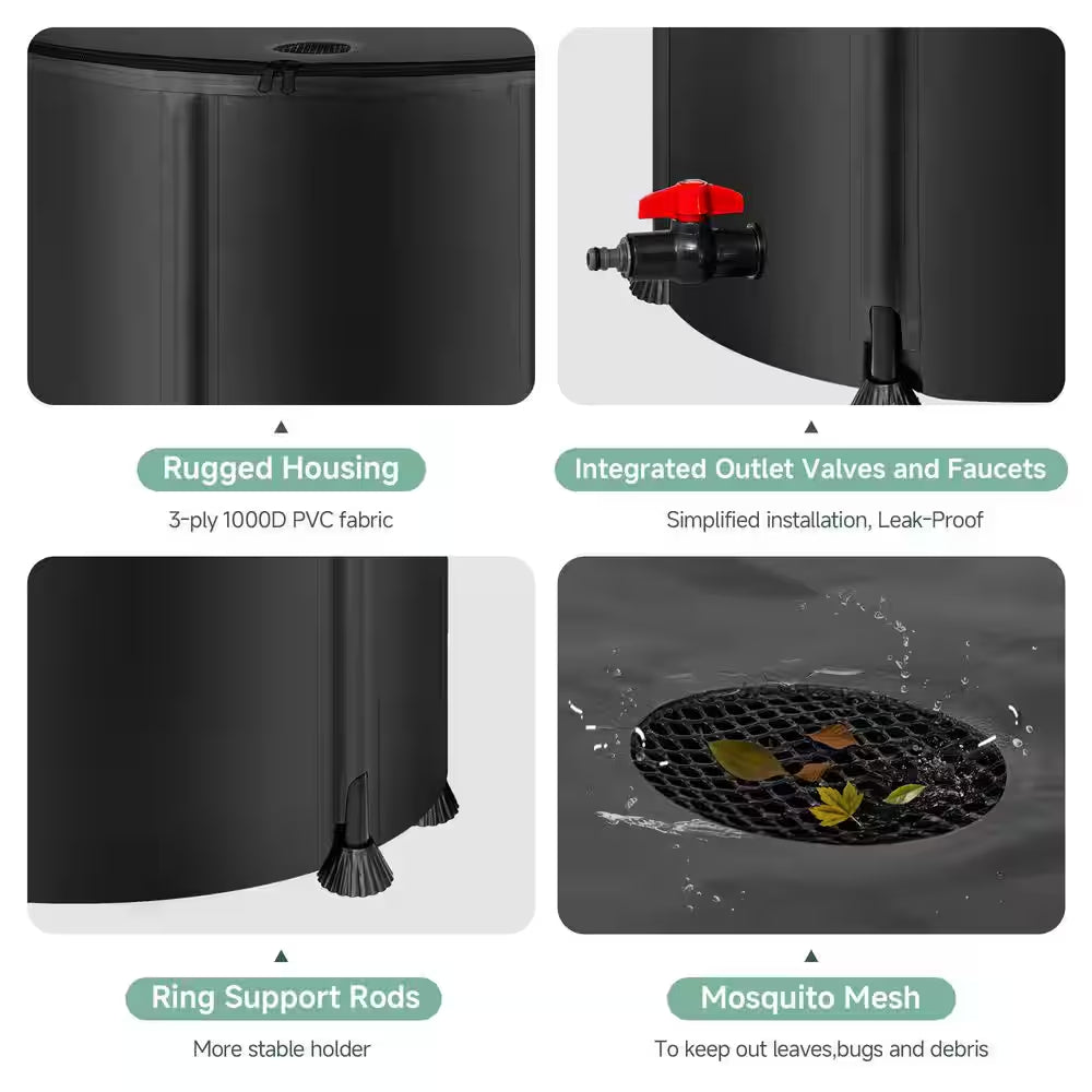 53 Gal. Black Collapsible Rain Barrel Water Storage Containers with Spigots, Filter and Overflow Kits