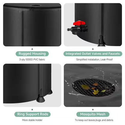 53 Gal. Black Collapsible Rain Barrel Water Storage Containers with Spigots, Filter and Overflow Kits