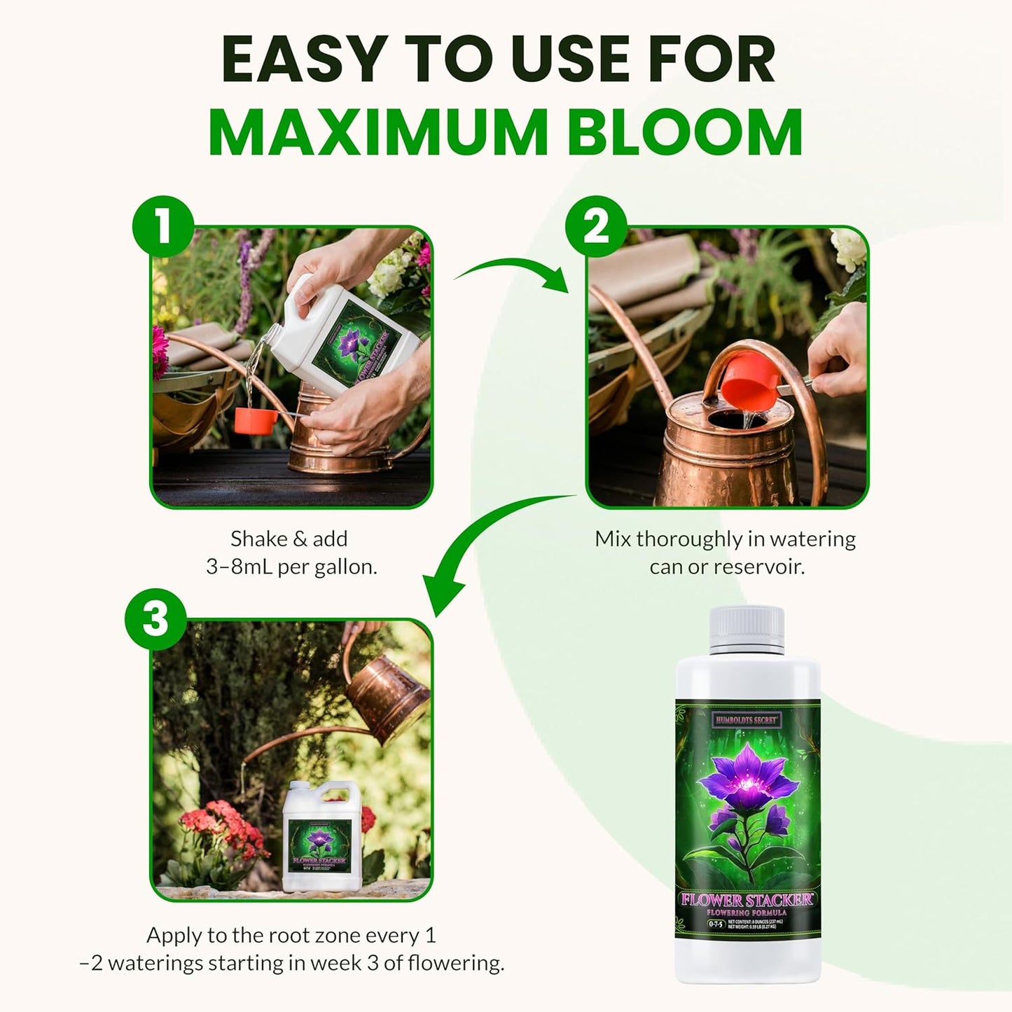 Flower Stacker | 0-7-5 Bloom Booster with Vitamin B1 | High Phosphorus Potassium Flowering Nutrients | Potting Soil Hydroponics Coco | Indoor & Outdoor Plants | 8 Ounce