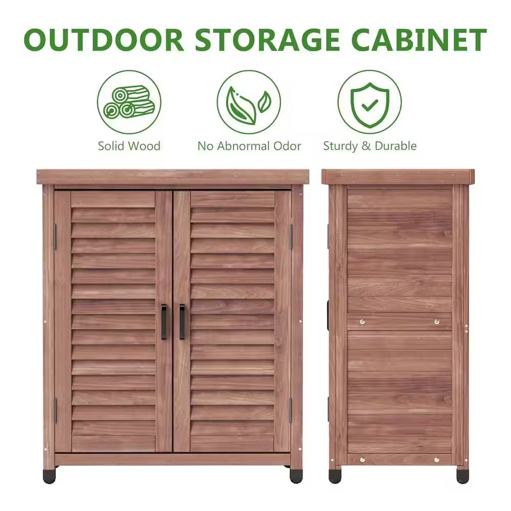 Outdoor Storage Cabinet, Potting Bench Table with Metal Top, Wooden Patio Furniture, Garden Workstation, Brown