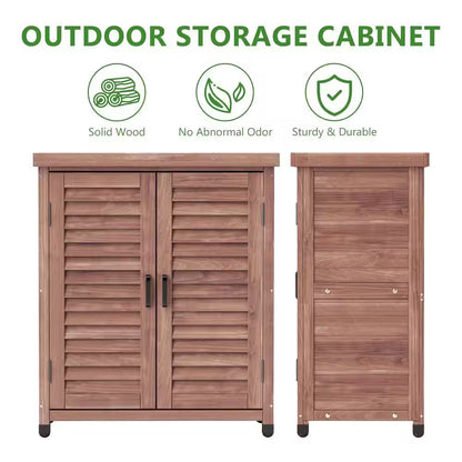 Outdoor Storage Cabinet, Potting Bench Table with Metal Top, Wooden Patio Furniture, Garden Workstation, Brown