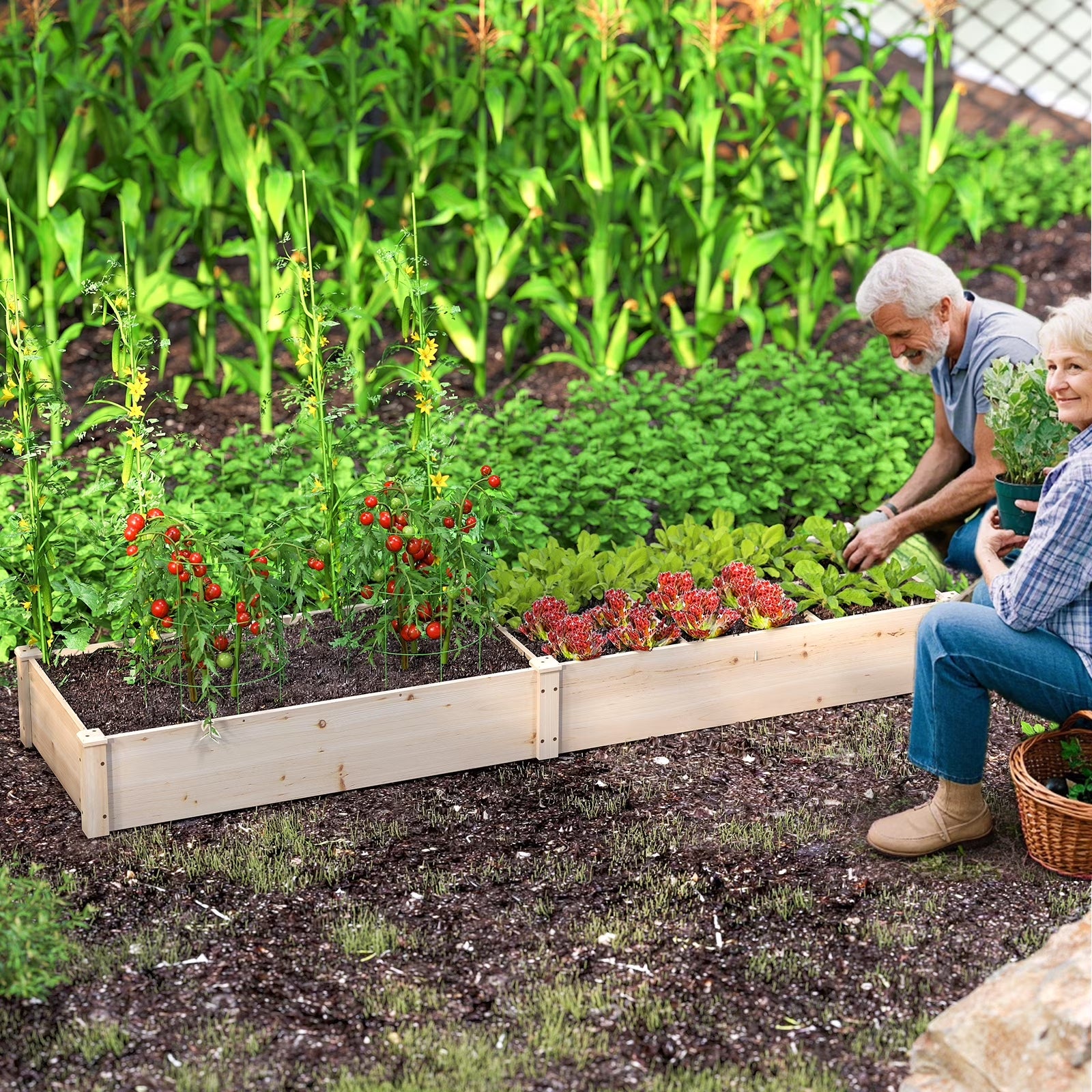 Wooden Raised Garden Bed, Elevated Patio Planter with 7 Planting Compartments for Flower