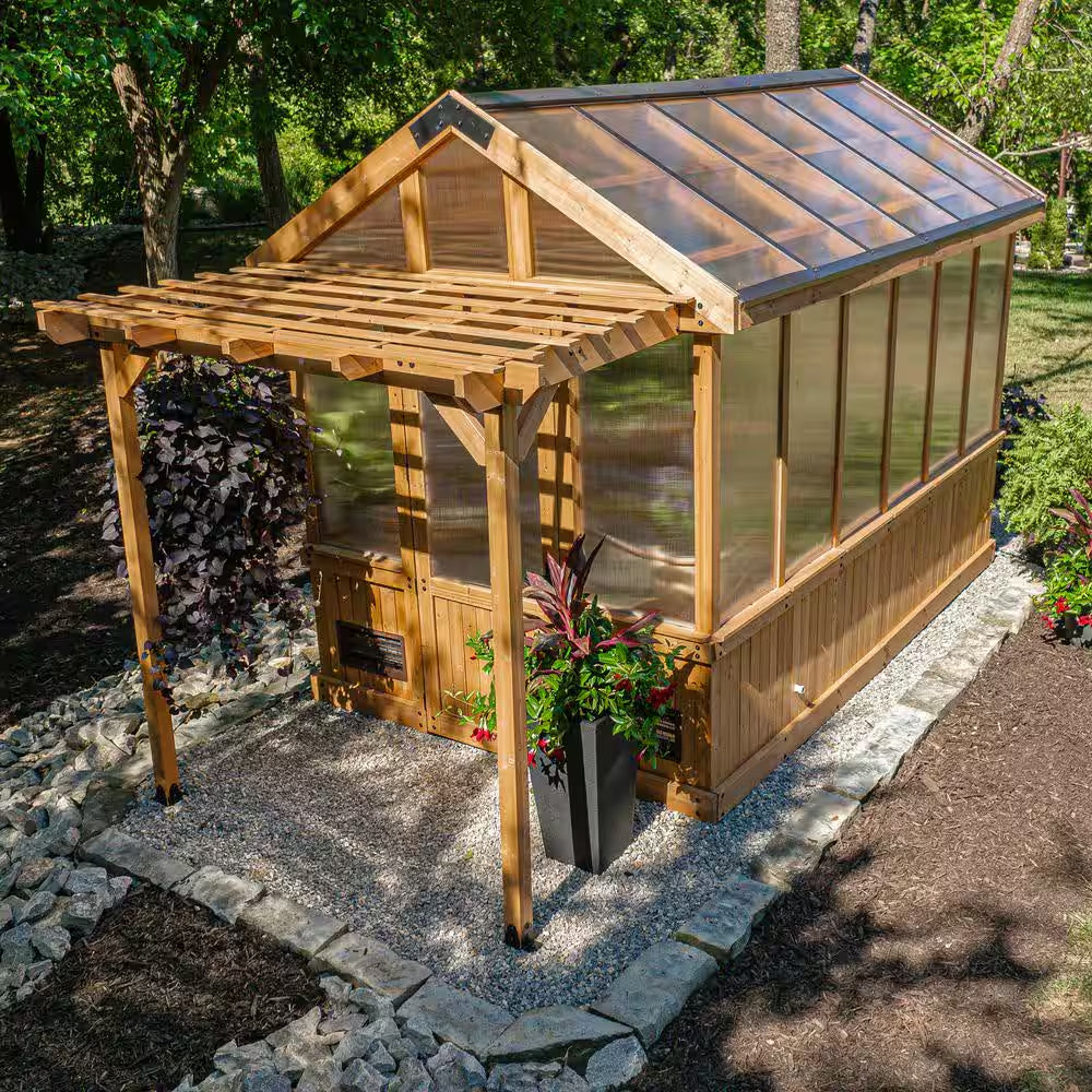 Bellerose 7.3 Ft. W X 14.75 Ft. L X 9.75 Ft. H All Cedar Greenhouse W/ Pergola and Temperature Activated Ventilation Fan