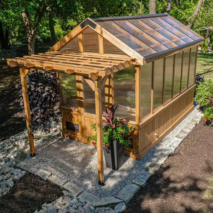 Bellerose 7.3 Ft. W X 14.75 Ft. L X 9.75 Ft. H All Cedar Greenhouse W/ Pergola and Temperature Activated Ventilation Fan