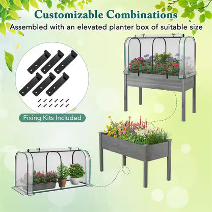 Fir Wood Raised Garden Bed with Greenhouse Waterproof Sun-Protective Green Hot House White+Grey