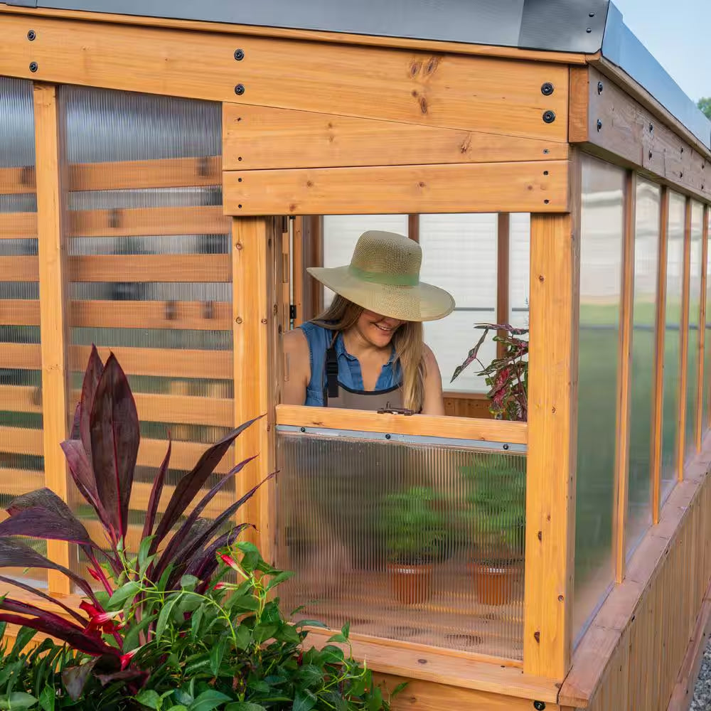 Zalie 12 Ft. X 7 Ft. X 7 Ft. 2 In. All Cedar Natural Wood Modern Greenhouse with Temperature Activated Exhaust Fan