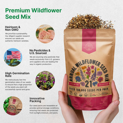 21 Annual Wildflower Seeds Mix, 100,000+ Non-Gmo Heirloom Wildflower Garden Seeds