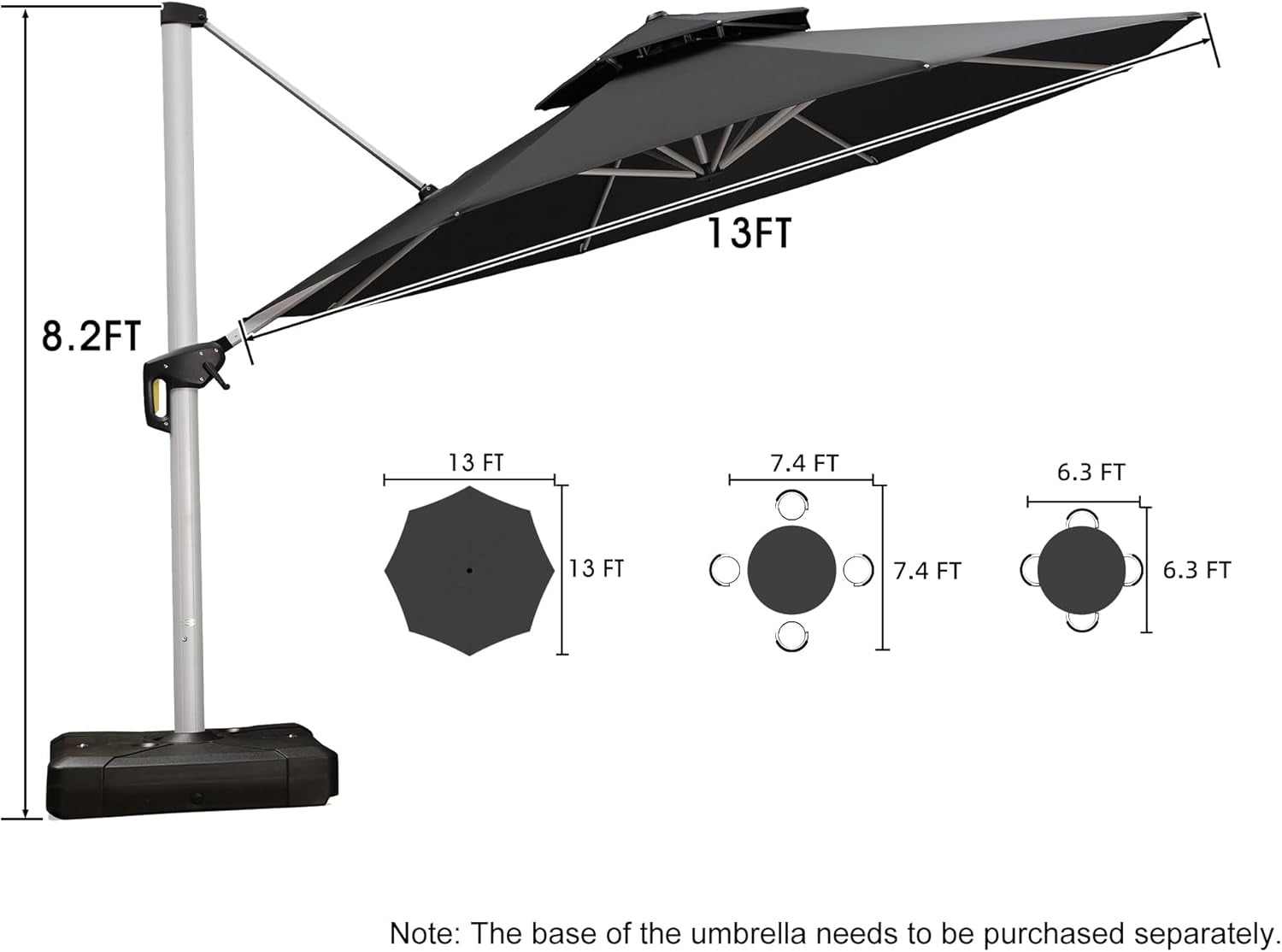 13 Feet Double Top round Deluxe Patio Umbrella Offset Hanging Umbrella Outdoor Market Umbrella Garden Umbrella, Black