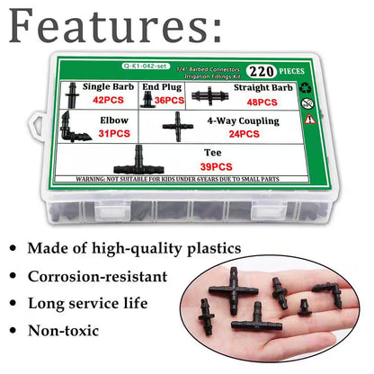 220-Pieces 1/4 In. Drip Irrigation Fittings Kit with Barbed Connectors, Straight, Tee, Elbow for Garden