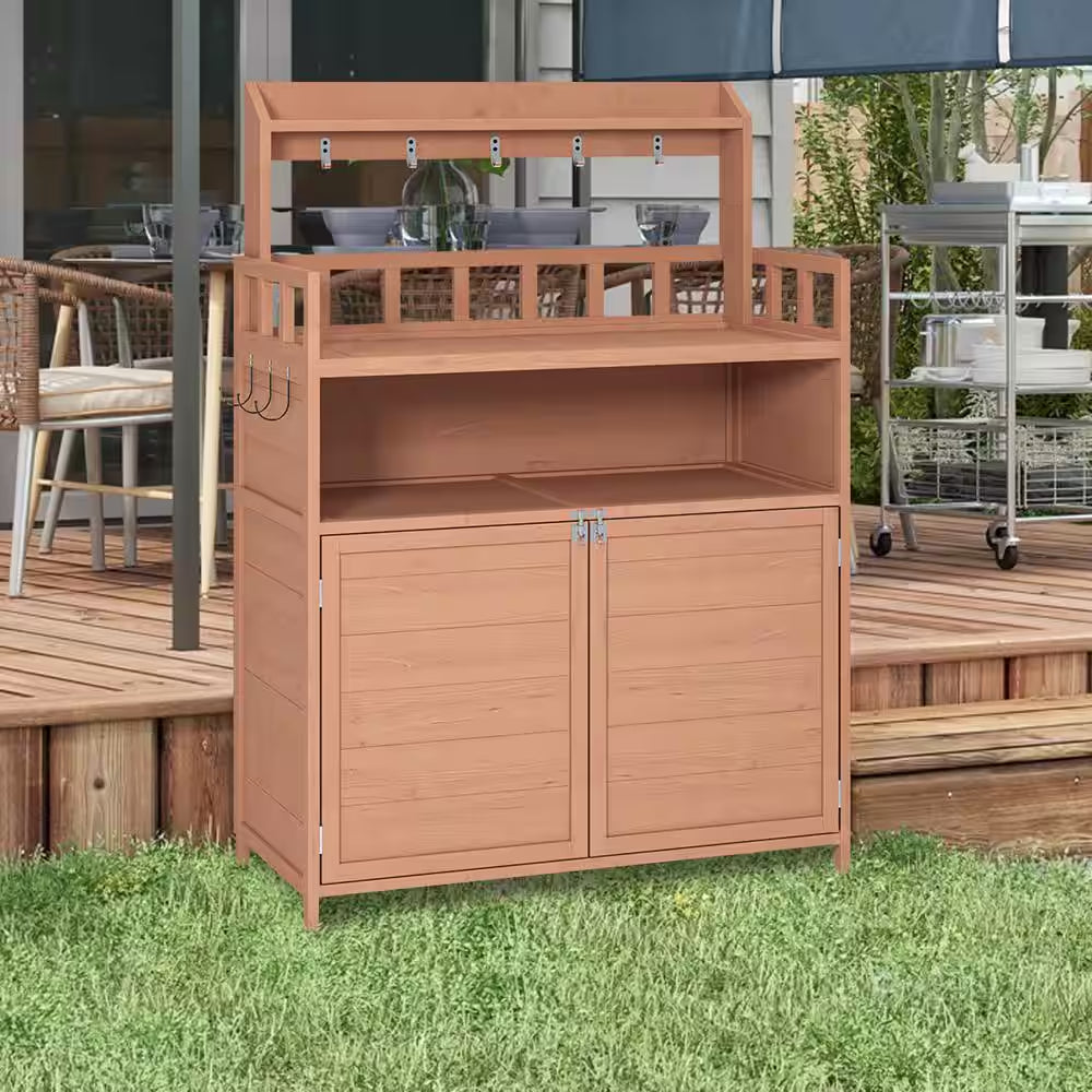112 Gal. 55.12 In. H X 39.37 In. W X 18.90 In. D Brown Wooden Outdoor Storage Bench Table with Large Storage Cabinet