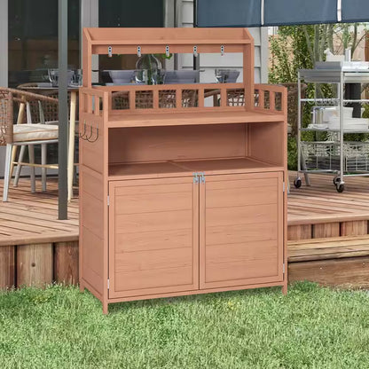 112 Gal. 55.12 In. H X 39.37 In. W X 18.90 In. D Brown Wooden Outdoor Storage Bench Table with Large Storage Cabinet