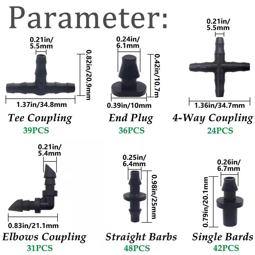 220-Pieces 1/4 In. Drip Irrigation Fittings Kit with Barbed Connectors, Straight, Tee, Elbow for Garden