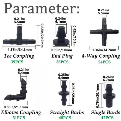 220-Pieces 1/4 In. Drip Irrigation Fittings Kit with Barbed Connectors, Straight, Tee, Elbow for Garden