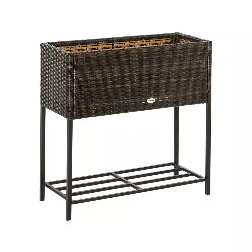 Plastic Raised Garden Bed with Tool Storage Shelf, Elevated Planter Box with Rattan Wicker Look, Portable Design, Brown