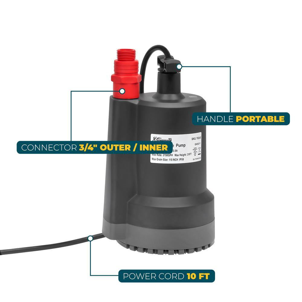 1/3 HP 2150 GPH Thermoplastic Submersible Utility Pump