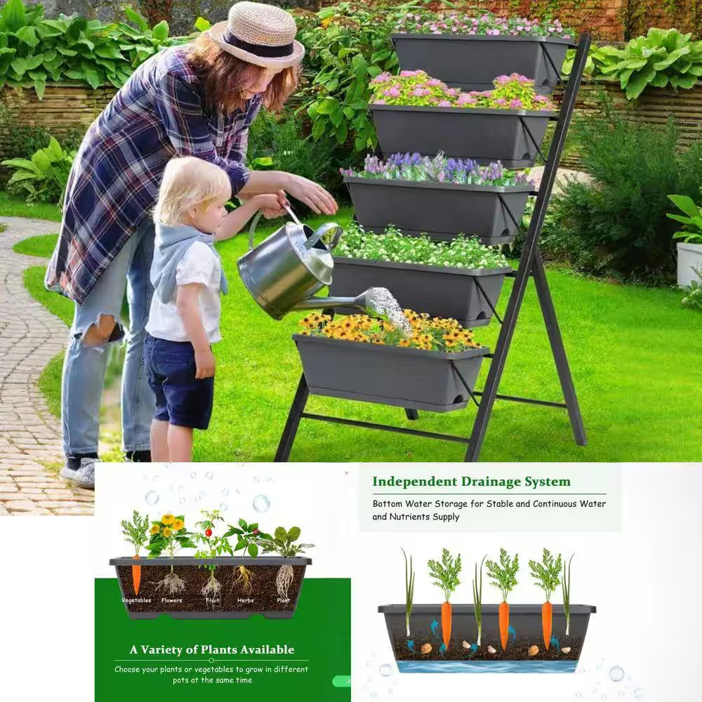 5-Tier Metal Fram and Plastic Raised Garden Bed-Vertical Planter with Excellent Drainage (Space-Saving, Sturdy)