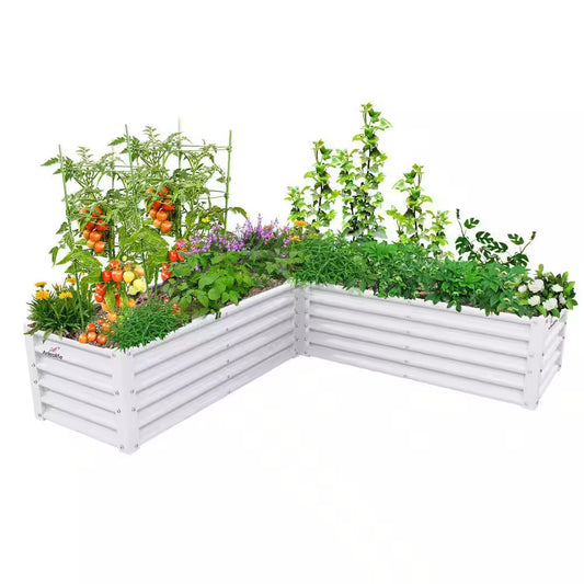 74 In. L-Shaped White Metal Planter Box Raised Garden Bed for Planting Vegetables Flowers