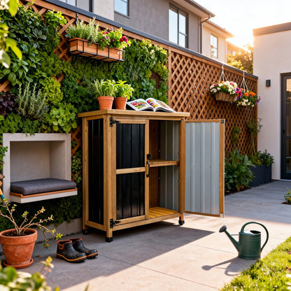 Outdoor Storage Cabinet Wood Storage Shed Waterproof Roof, Double Lockable Doors Garden Shed with Removable Shelves