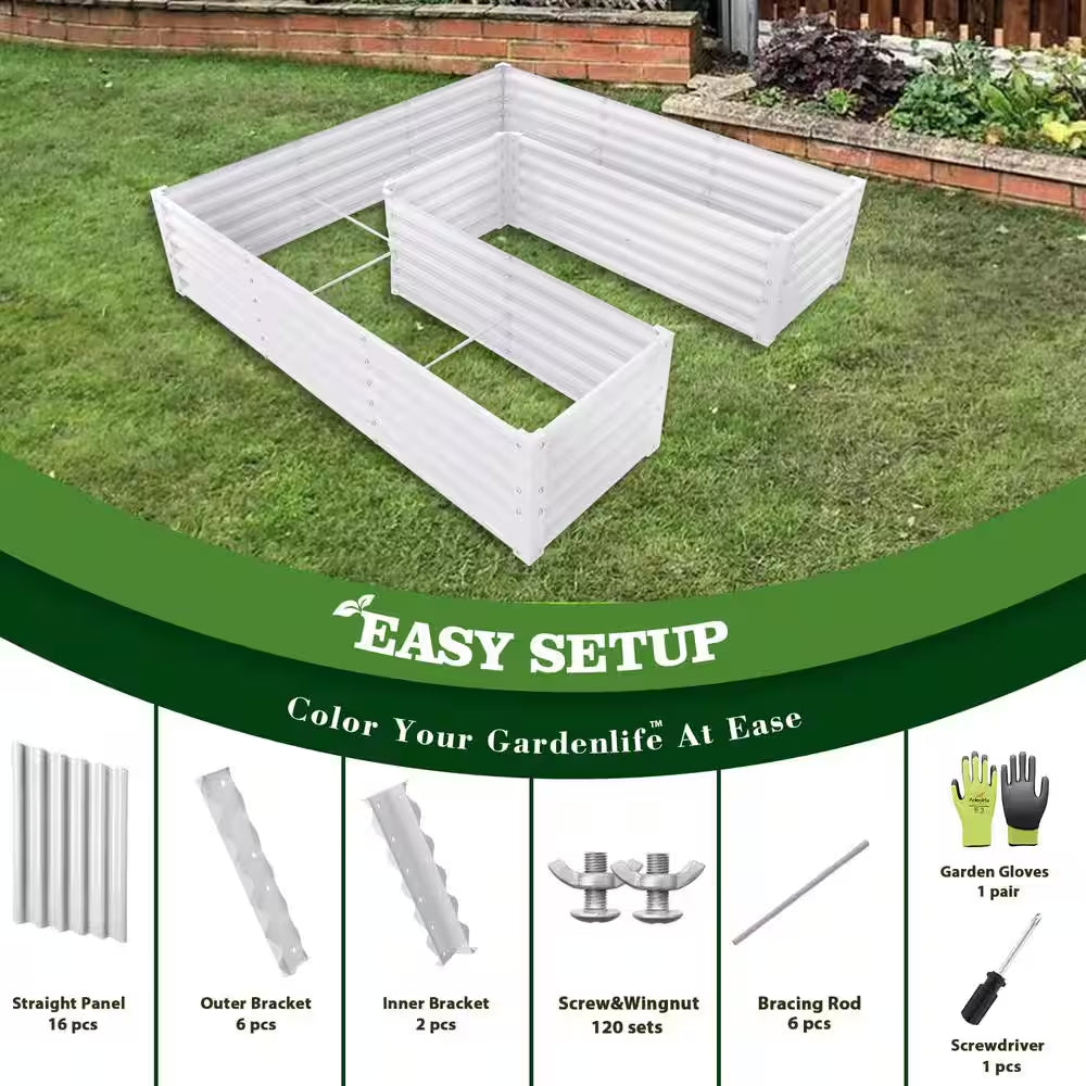 74 In. U-Shaped White Metal Planter Box Raised Garden Bed for Planting Vegetables Flowers