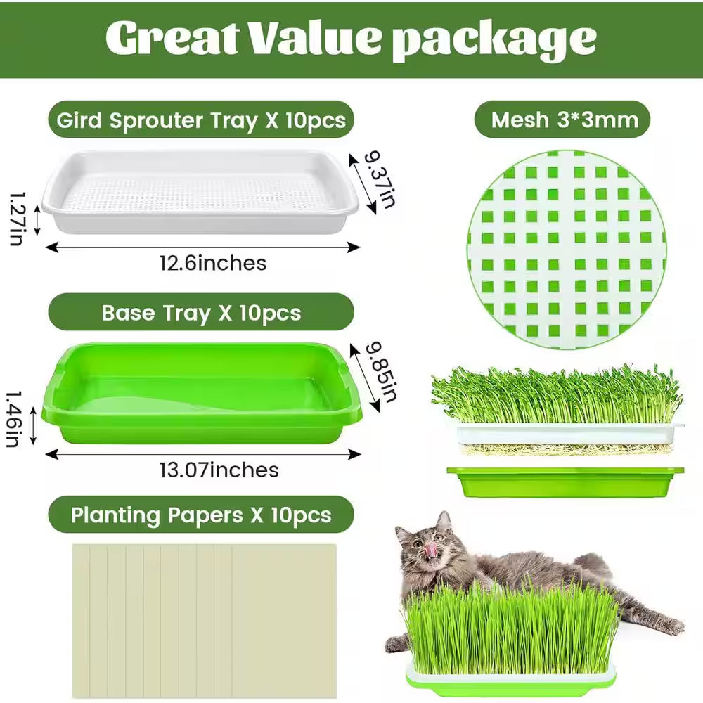 10 Pack Green Seed Sprouter Trays Soil-Free Germination Nursery Tray with Planting Paper for Indoor Outdoor Use