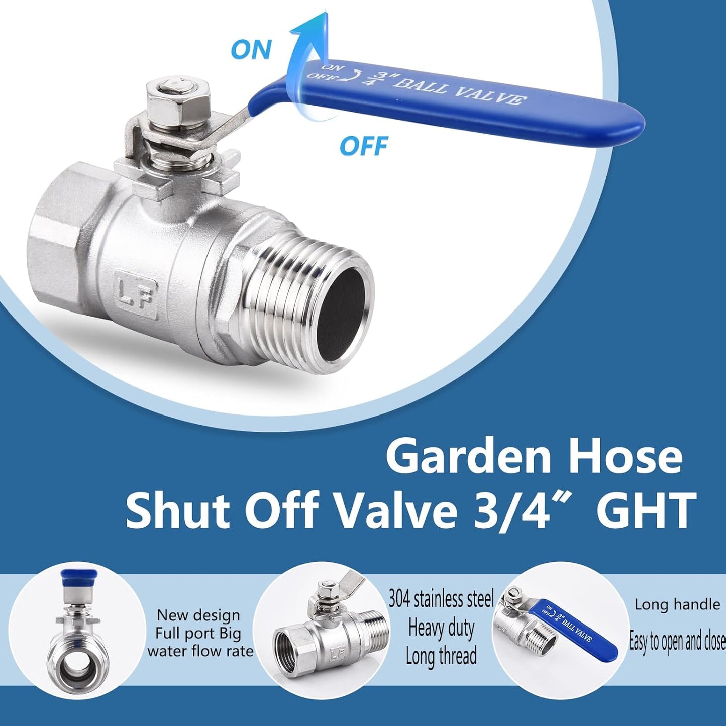 3/4In Garden Hose Shut off Valve 304 Stainless Steel Full Flow Ball Valve
