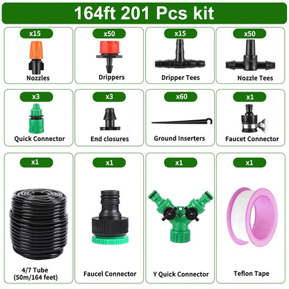 Drip Irrigation System Kit, 164FT/50M Drip Irrigation Tubing 201PCS Garden Irrigation System, Automatic Micro Watering Misting System for for Garden, Greenhouse, Flower Bed, Patio, Lawn
