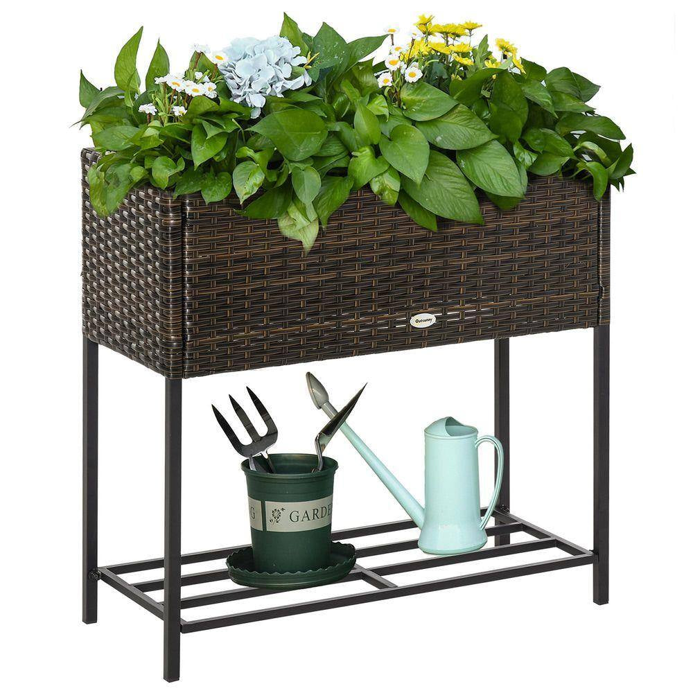 Plastic Raised Garden Bed with Tool Storage Shelf, Elevated Planter Box with Rattan Wicker Look, Portable Design, Brown