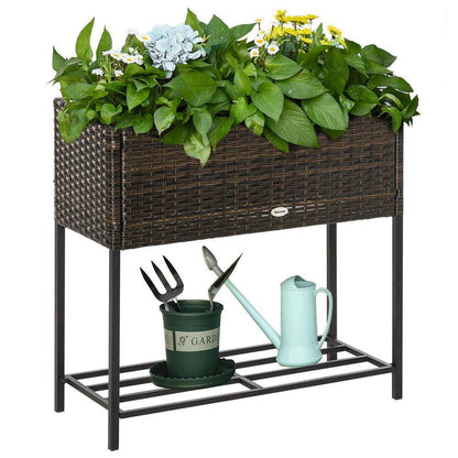 Plastic Raised Garden Bed with Tool Storage Shelf, Elevated Planter Box with Rattan Wicker Look, Portable Design, Brown