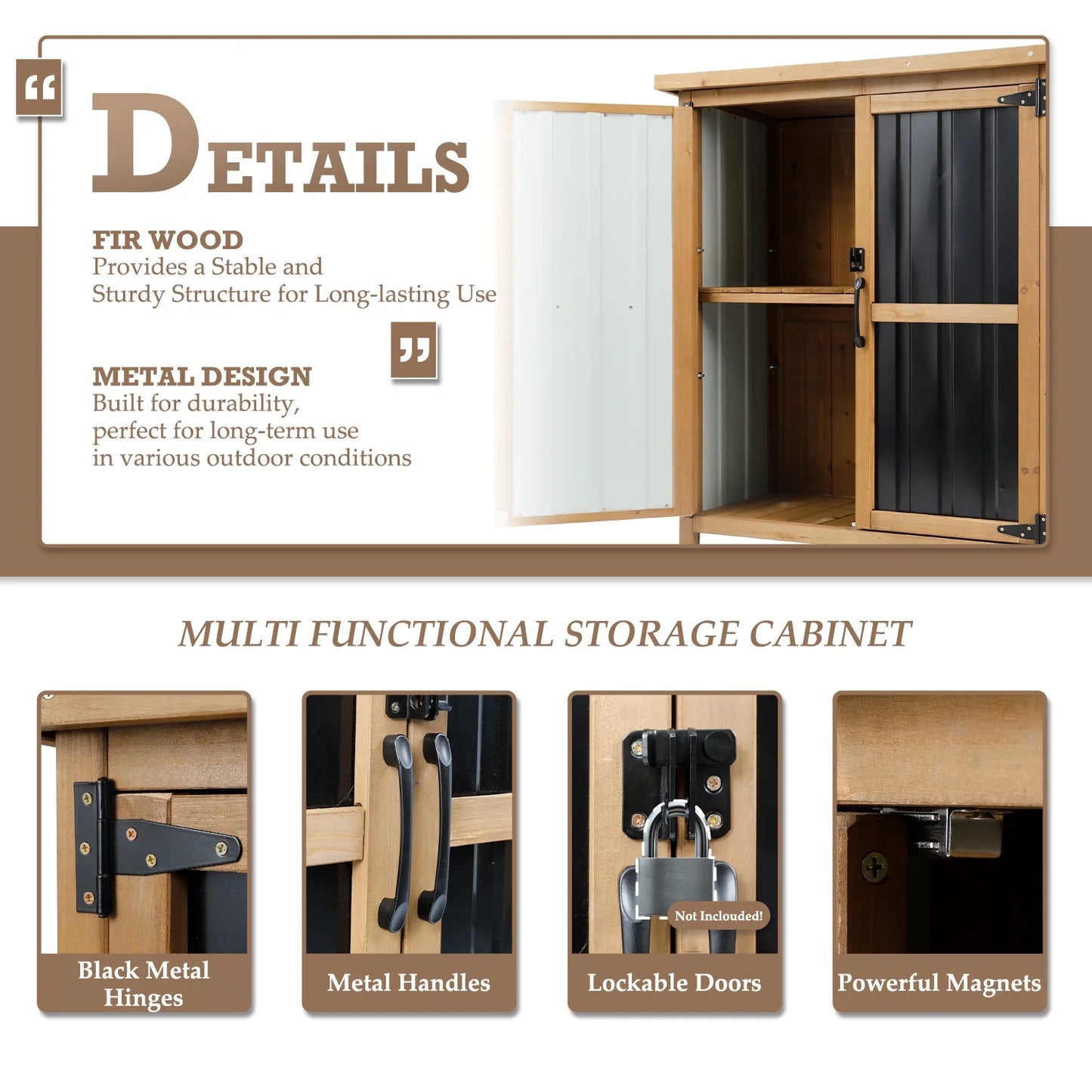 Outdoor Storage Cabinet Wood Storage Shed Waterproof Roof, Double Lockable Doors Garden Shed with Removable Shelves