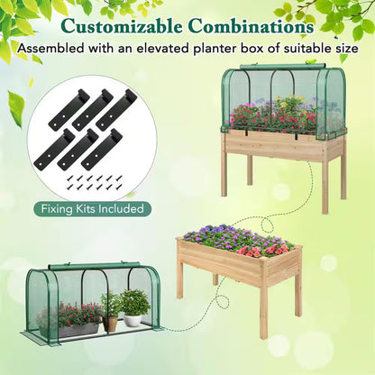 Fir Wood Raised Garden Bed with Greenhouse Waterproof Sun-Protective Green Hot House Green+Natural