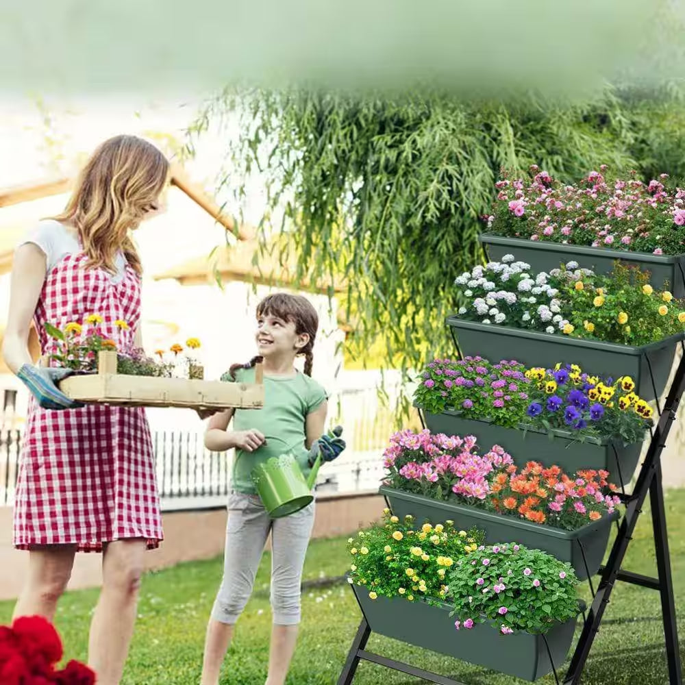 5-Tier Metal Fram and Plastic Raised Garden Bed-Vertical Planter with Excellent Drainage (Space-Saving, Sturdy)