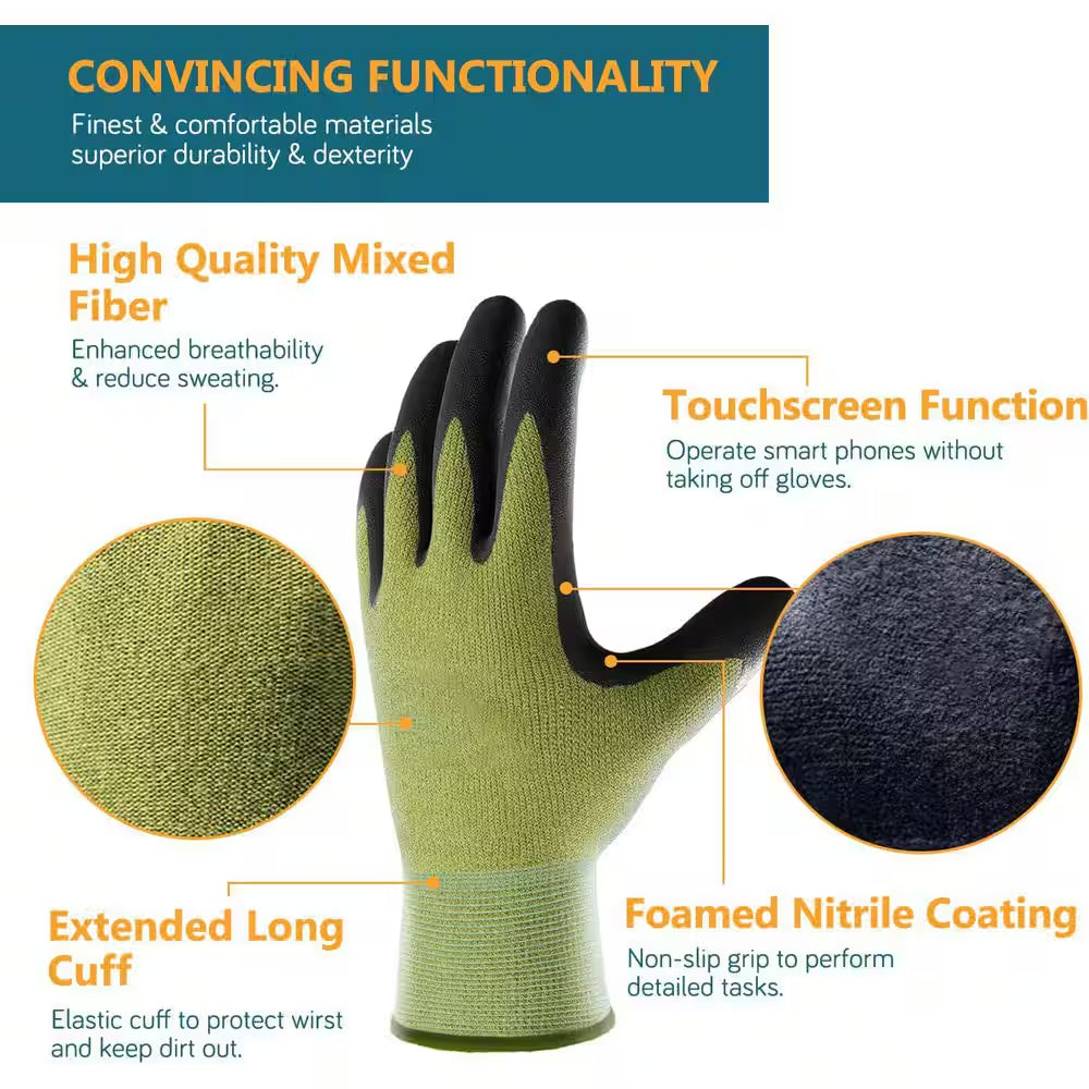 2 Pairs Nitrile Rubber Coated Gardening Work Gloves Touchscreen Grip Breathable Mixed Fiber Unisex Green Black