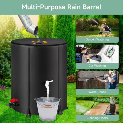 53 Gal. Black Collapsible Rain Barrel Water Storage Containers with Spigots, Filter and Overflow Kits