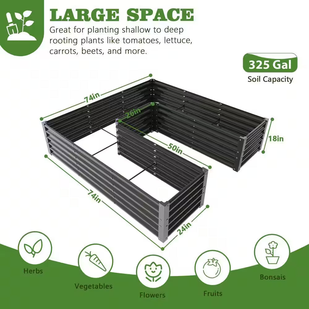74 In. U-Shaped Gray Metal Planter Box Raised Garden Bed for Planting Vegetables Flowers