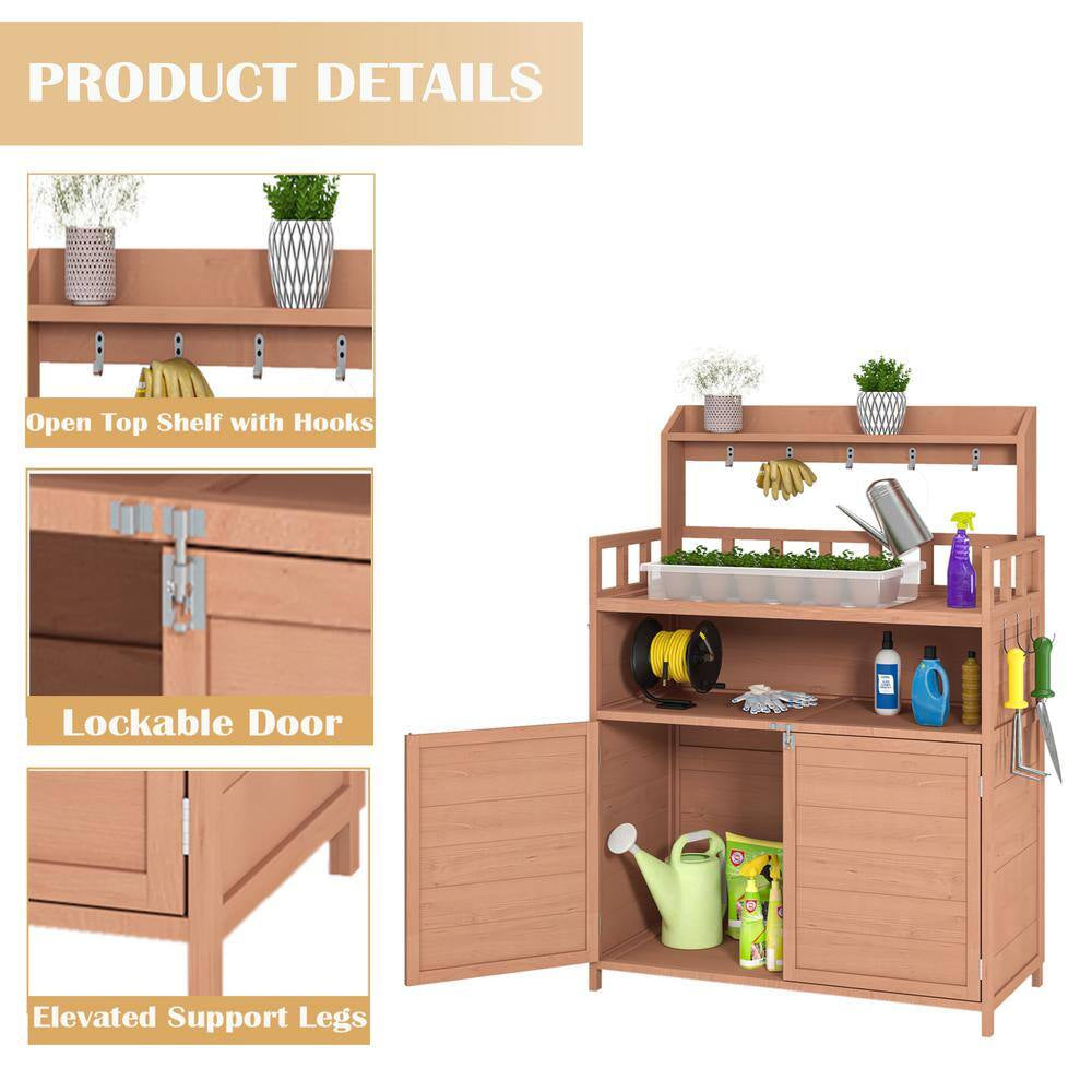 112 Gal. 55.12 In. H X 39.37 In. W X 18.90 In. D Brown Wooden Outdoor Storage Bench Table with Large Storage Cabinet