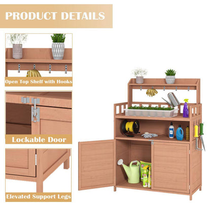 112 Gal. 55.12 In. H X 39.37 In. W X 18.90 In. D Brown Wooden Outdoor Storage Bench Table with Large Storage Cabinet