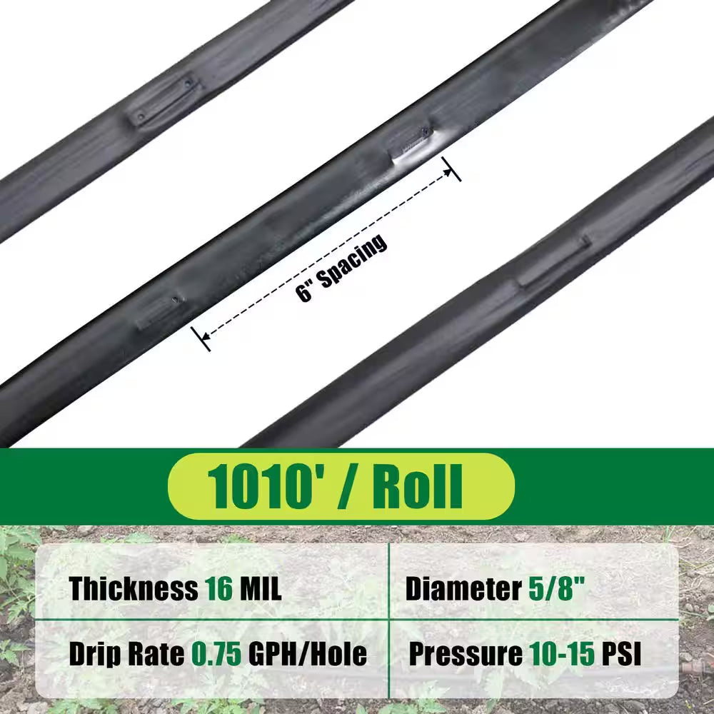 5/8 In. Drip Tape 1010 Ft. 6 In. Spacing Roll, 16 Mil Garden Irrigation Tubing,Adjustable Drip System for Flowers,Plants
