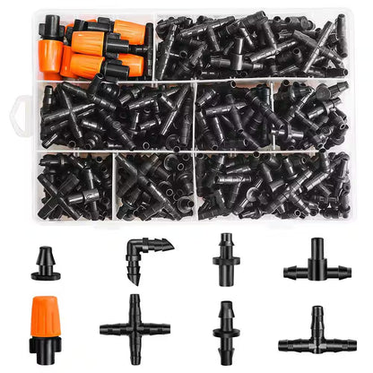 280-Piece Drip Irrigation Fittings Kit for 1/4 In. Tubing, Includes Nozzles, Tees, Couplings, Elbows, Plugs, Crosses