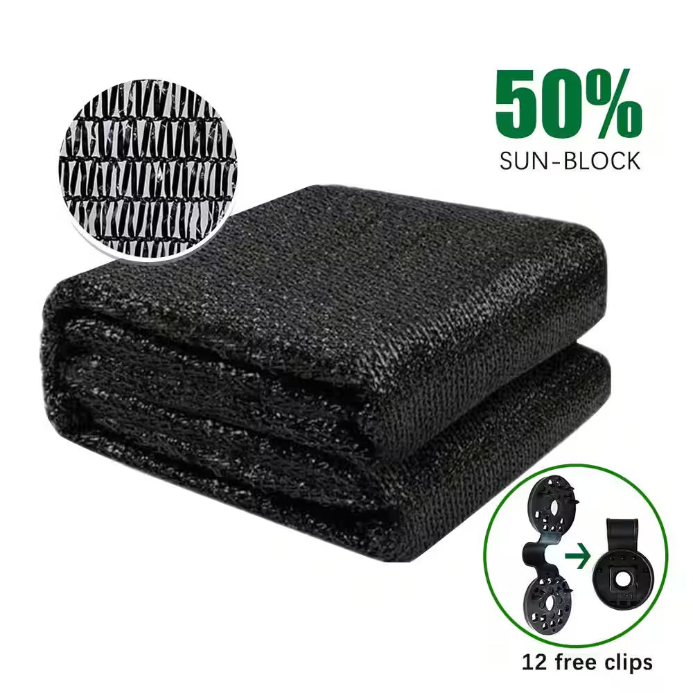 6 Ft. X 12 Ft. 50% Shade Cloth Sunblock Fabric Cut Edge with Free Cilps UV Resistant for Garden Plants Cover, Black