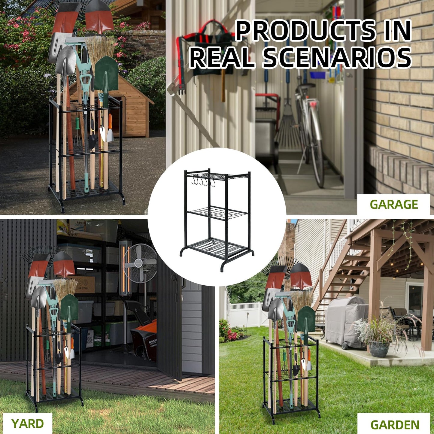 Garden Tool Organizer with Storage Hooks Yard Tower Rack for Garage Organization