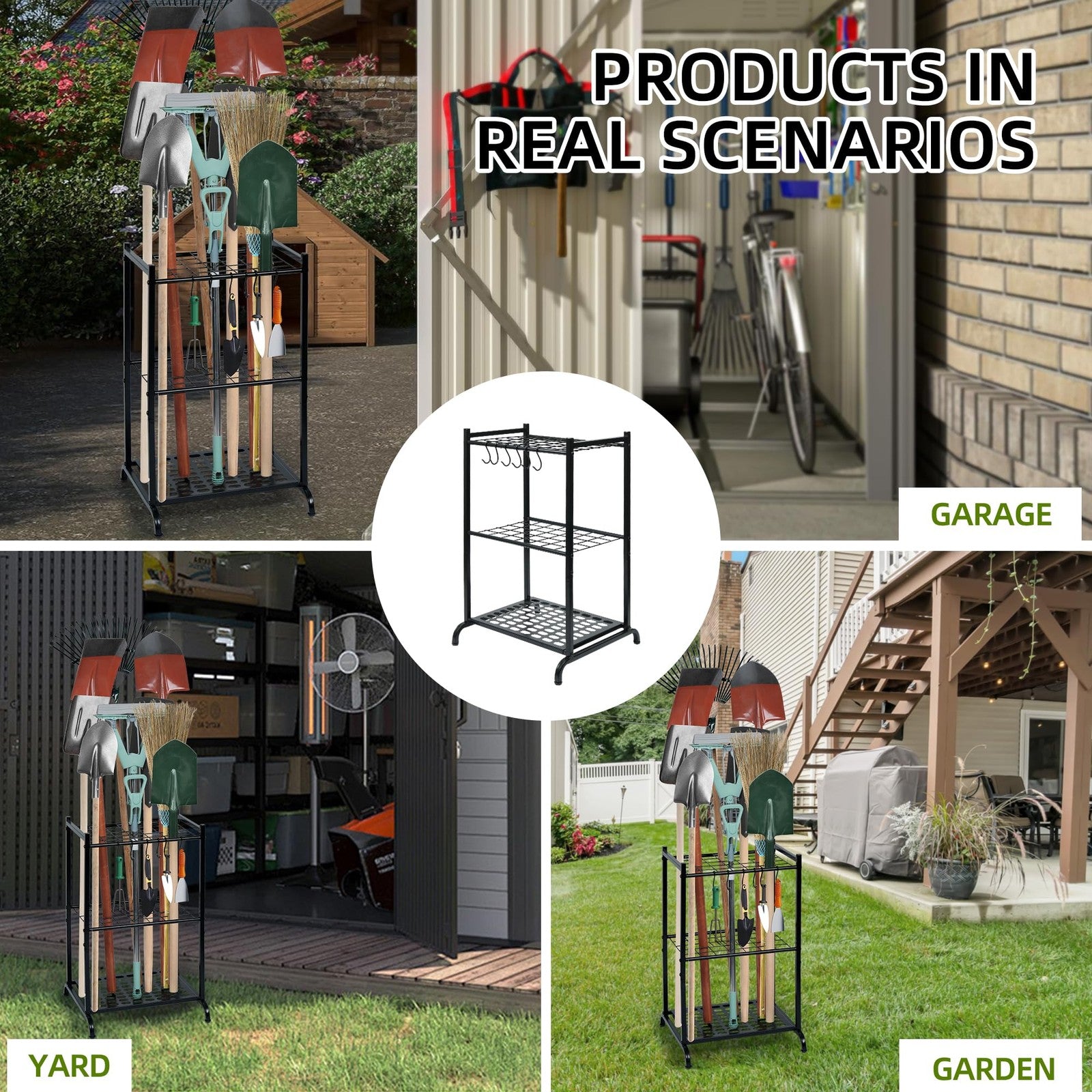 Garden Tool Organizer with Storage Hooks Yard Tower Rack for Garage Organization