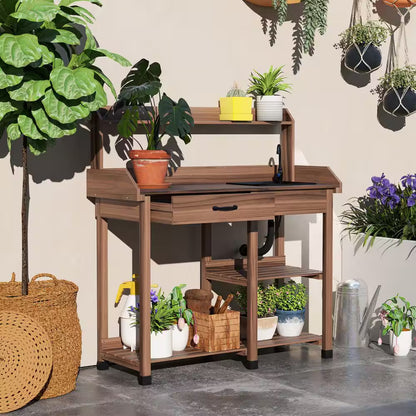 45.25 In. W X 48.5 In. H Dark Brown Potting Bench Table, Outdoor Garden Table Wooden Work Station with Removable Sink