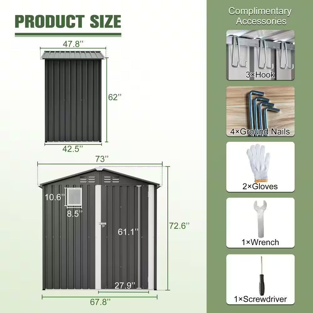 6 Ft. W X 4 Ft. D Black Metal Outdoor Storage Shed Utility Tool Shed for Backyard Garden Patio Lawn (24 Sq. Ft.)