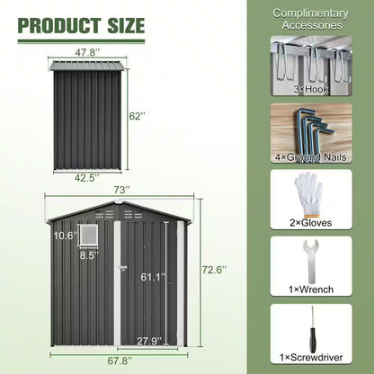6 Ft. W X 4 Ft. D Black Metal Outdoor Storage Shed Utility Tool Shed for Backyard Garden Patio Lawn (24 Sq. Ft.)